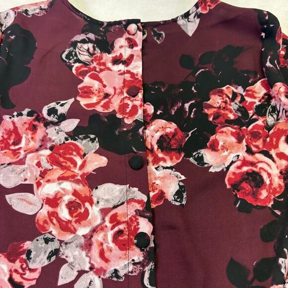 Philosophy Semi Sheer Back Button Detail Floral Long Sleeve Blouse Burgandy XS - Picture 4 of 10